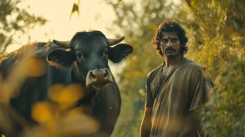Rustic Companions: Man and Cow in Harmony