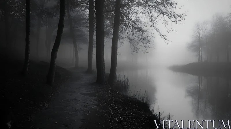 Foggy Forest Landscape with Water Reflection