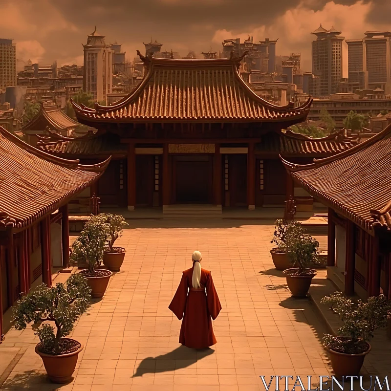Woman in Red Robe at Ancient Temple AI Image