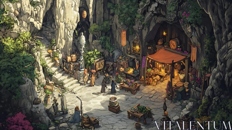 Lively Market in a Stone Cave