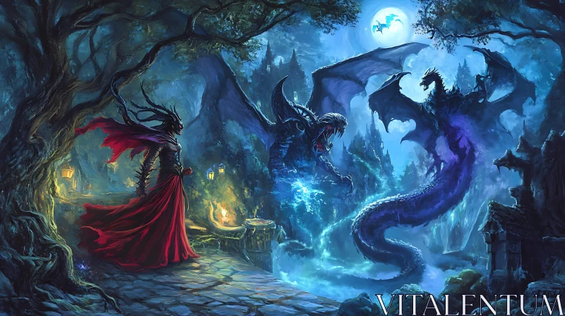 Moonlit Dragons and Figure in Red