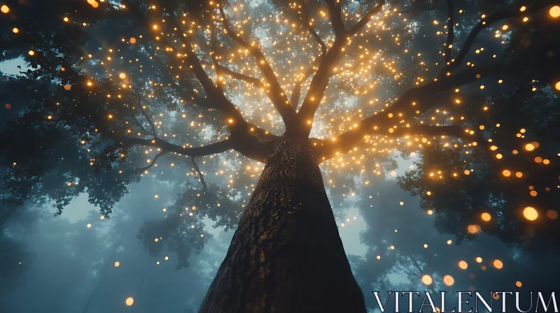 AI ART Mystical Tree in Fog with Fairy Lights