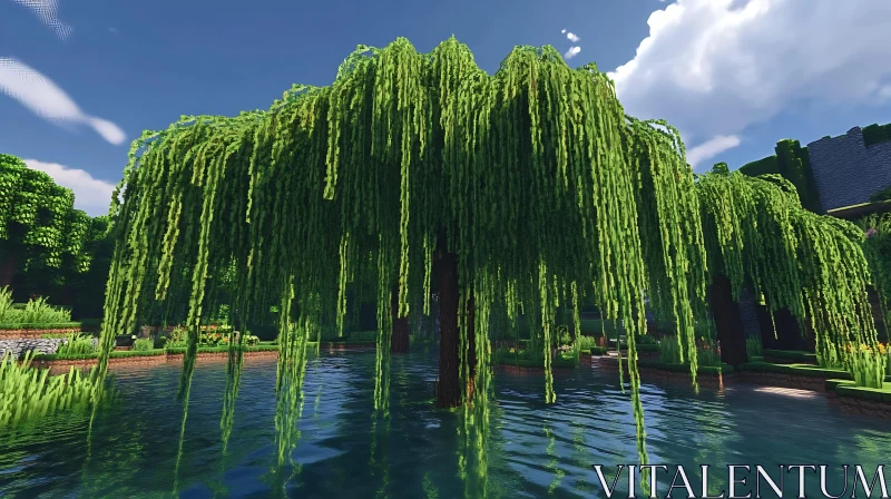 Pond with Weeping Willow AI Image