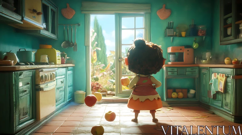 Child in Kitchen with Levitating Fruit