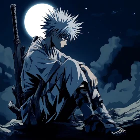 Anime Warrior Contemplates Under the Moon