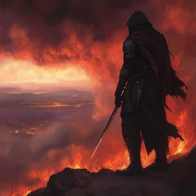 Hooded Warrior in Fiery Landscape