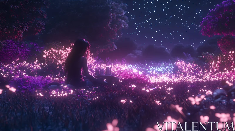 Woman in a field of flowers at night
