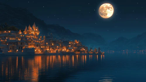 Night Cityscape with Moon Reflection