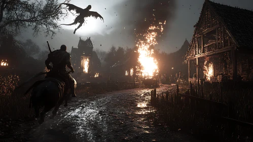 Dark Knight's Ride Through Burning Village