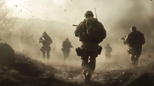 Military Troops in Dusty Combat Zone