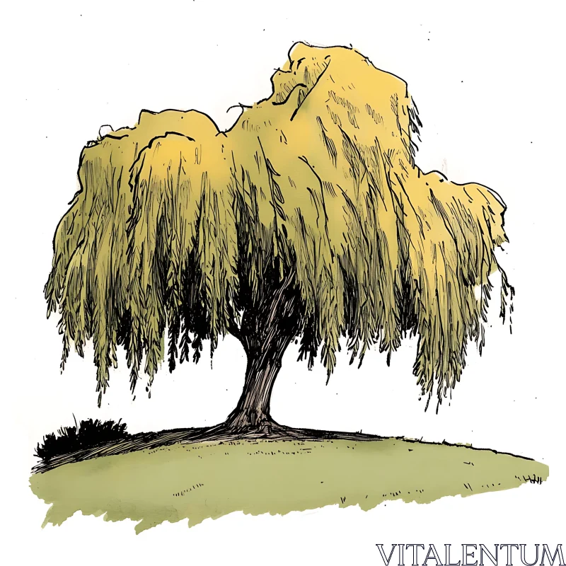 Weeping Willow on a Hill AI Image