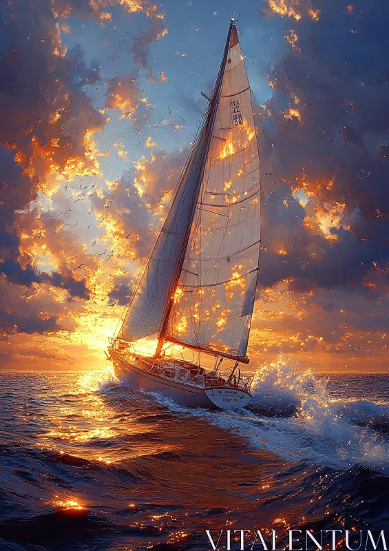 Golden Hour Sailboat Voyage at Sea
