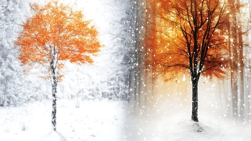 Contrasting Seasons: Autumn and Winter Trees