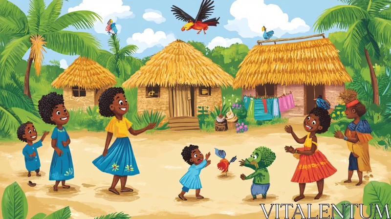 Children's Cartoon Illustration of Village Life