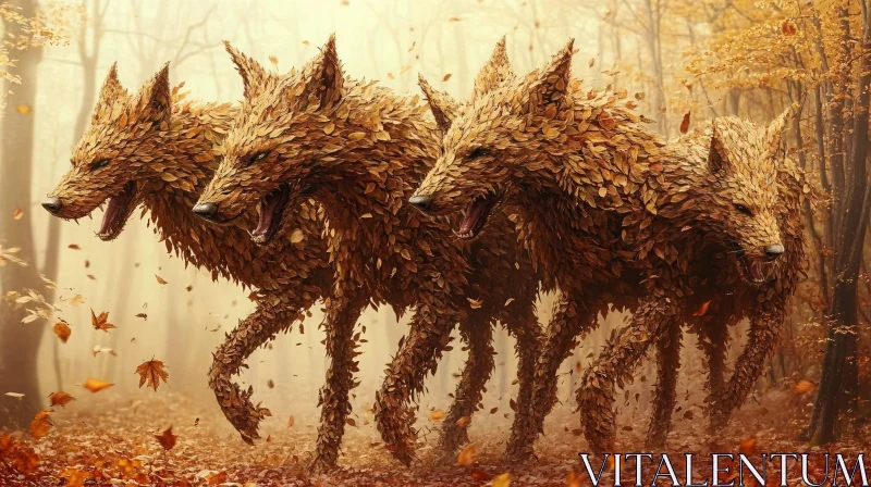 Autumnal Wolves in Misty Woods