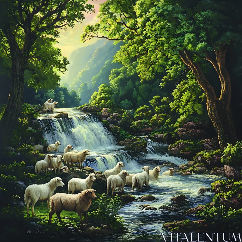 Sheep Grazing Near Waterfall Painting