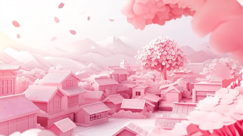 Pastel Pink Village with Blossoms