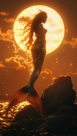 Golden Mermaid Silhouette Against Moon