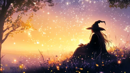 Magical Witch in Field at Sunset