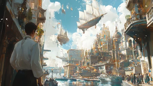 Whimsical Cityscape with Aerial Vessels