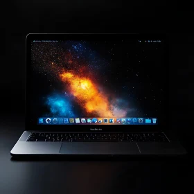 Laptop Displaying Vibrant Galaxy