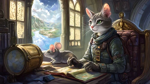Feline Cartographer with Rodent Assistant