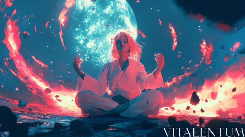 Woman Meditating in a Cosmic Scene