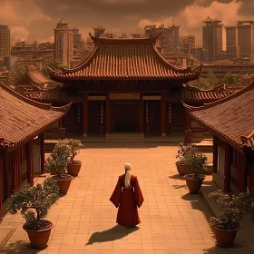 Woman in Red Robe at Ancient Temple