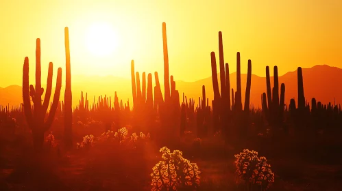 Desert Sunset Landscape with Cactus Silhouettes