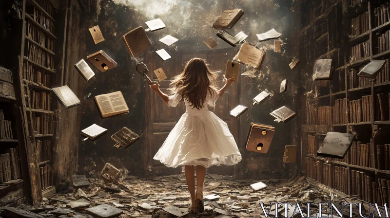 Magical Library Scene with Girl and Key