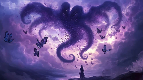 Woman and Shadow Entity in Butterfly Sky