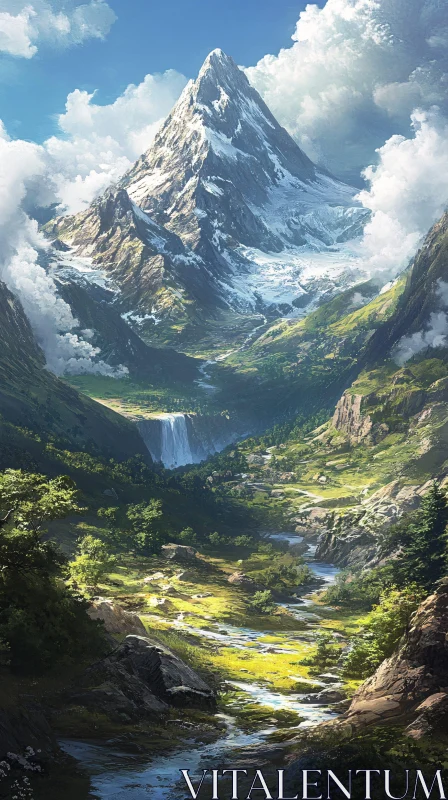 Scenic Snow-Capped Mountain and Lush Valley