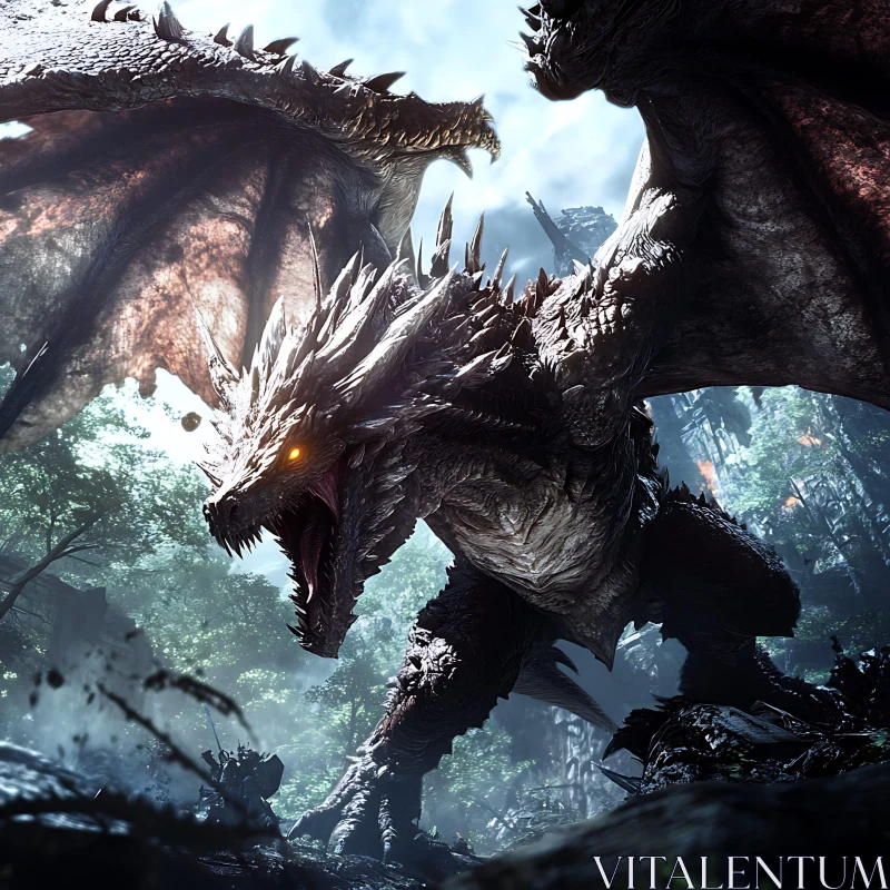 Fantasy Dragon in Forest Battle Scene