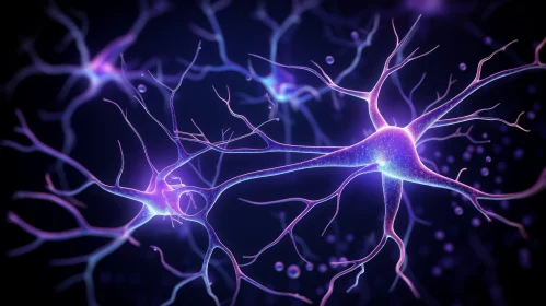 Abstract Neuron Art: Purple and Blue Synaptic Activity on Dark Background
