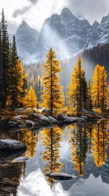 Golden Pine Trees Reflected in Calm Lake