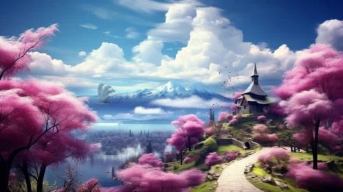 Anime Art: Pink Fantasy Landscape with Cherry Blossoms