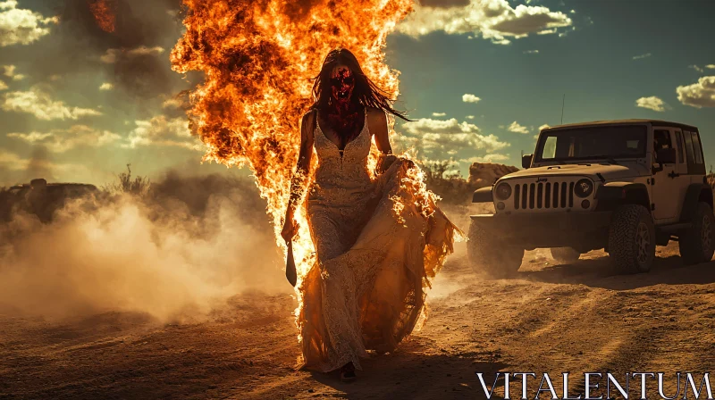 Desert Inferno: Woman Amidst Flames