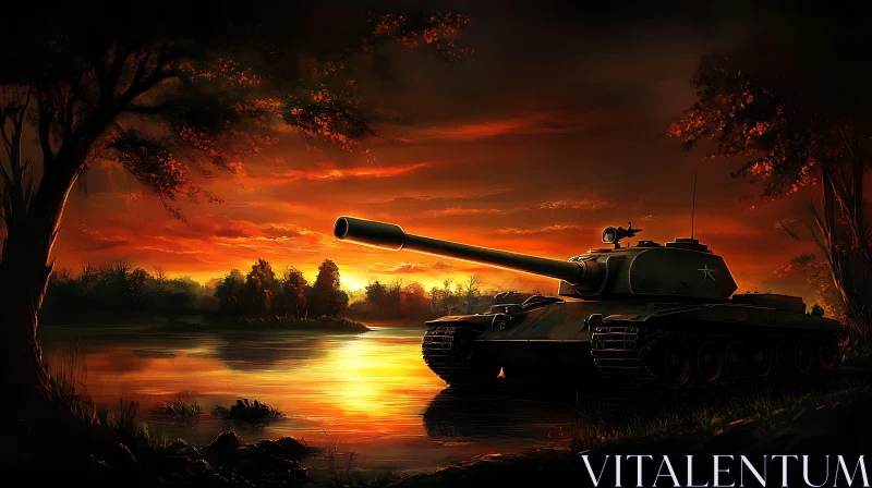 Tank in the Lake at Sunset
