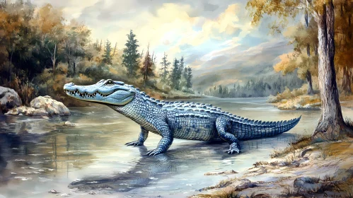 Crocodile in a Tranquil Autumn Landscape
