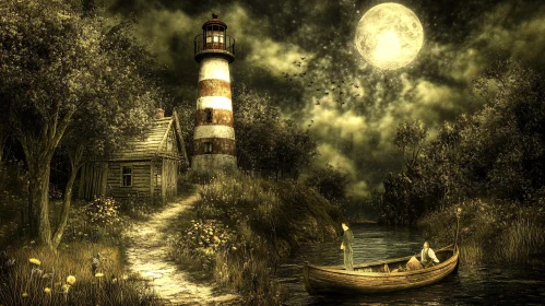 Lighthouse by the River at Night