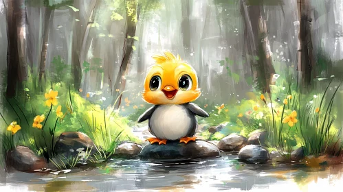 Adorable Yellow Chick in Forest