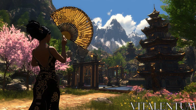 Asian Landscape with Woman and Fan