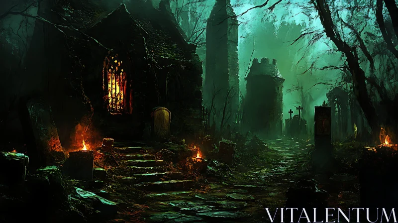 Candlelit Church in Dark Graveyard AI Image