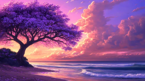 Purple Tree by the Sea at Sunset