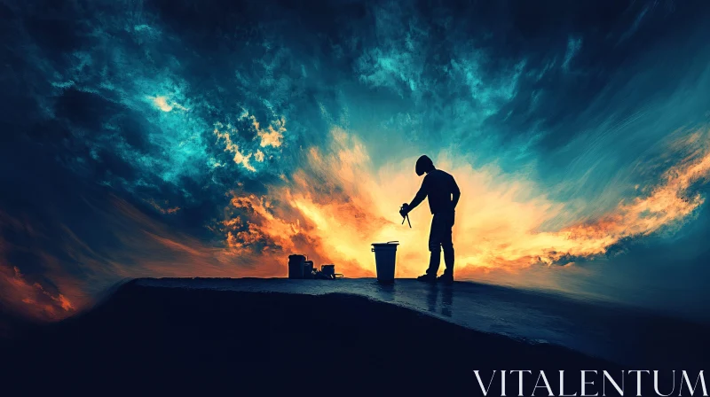Silhouette Painter Against Colorful Sky