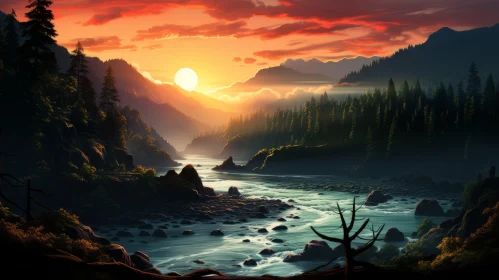 Captivating Sunset River HD Wallpaper | Hyper-Detailed Illustration