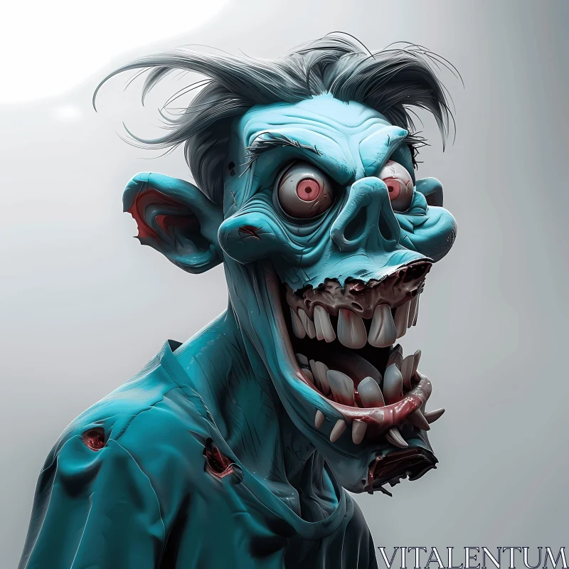 Cartoonish Zombie with Blue Skin and Red Eyes - 3D Render
