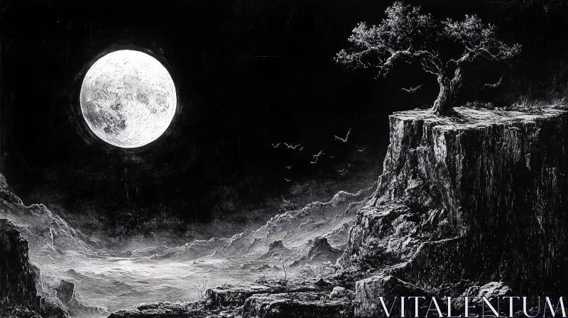 Moonlit Tree on a Cliff