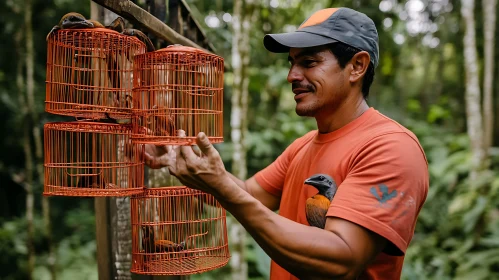 Man Holding Caged Birds