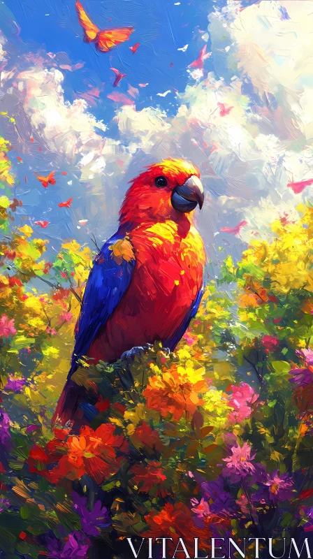 Vibrant Parrot and Butterflies in Nature